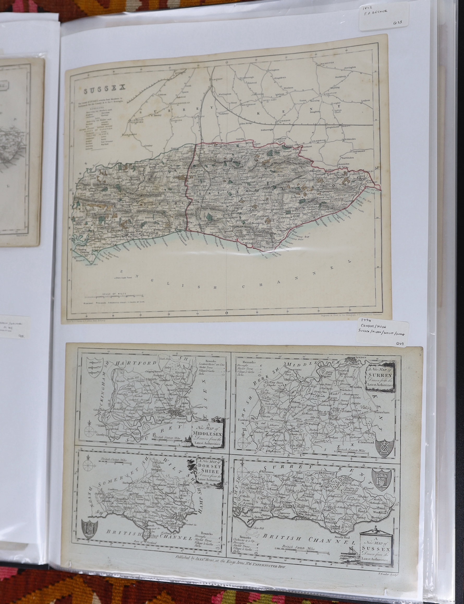 A folder of sixty-six mainly 18th and 19th century Sussex related maps, etc. including; engraved maps, including some from books, some examples in mounts, town plans of Brighton and Chichester, a road map, etc.